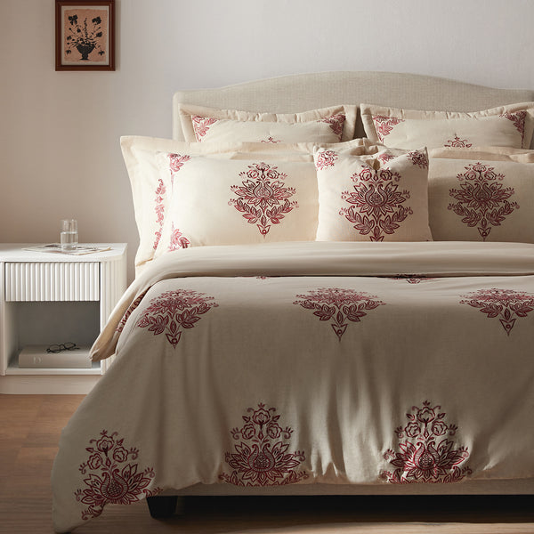 Isadora Garnet Red Damask Embroidered Linen Blend Duvet Set