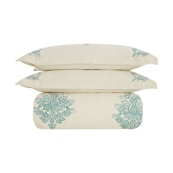 Isadora Teal Damask Embroidered Linen Blend Duvet Set