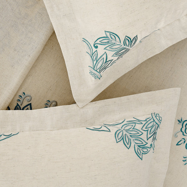 Isadora Teal Damask Embroidered Linen Blend Duvet Set