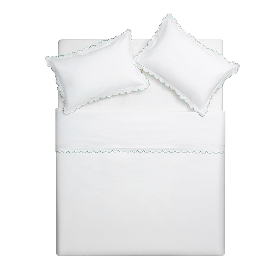 Margot Pistachio Green Embroidered Scallop 300 Thread Count Cotton Percale Duvet Set