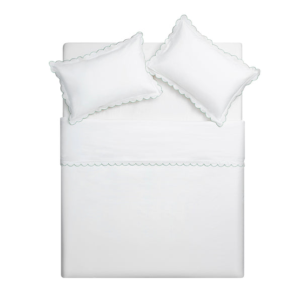 Margot Pistachio Green Embroidered Scallop 300 Thread Count Cotton Percale Duvet Set