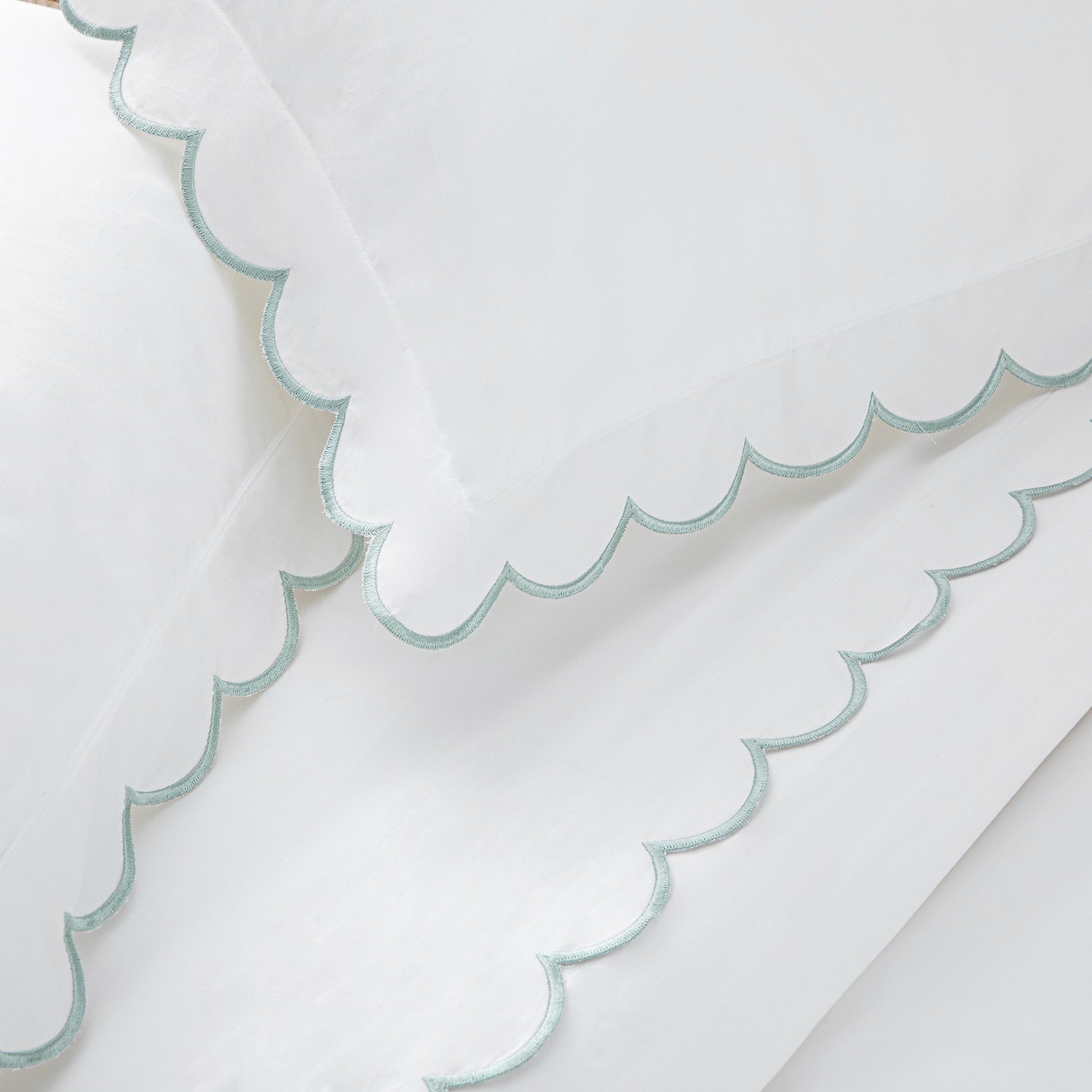 Margot Pistachio Green Embroidered Scallop 300 Thread Count Cotton Percale Duvet Set