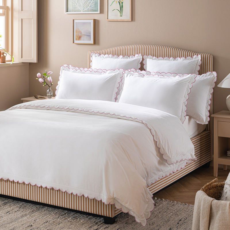 Margot Rose Pink Embroidered Scallop 300 Thread Count Cotton Percale Duvet Set