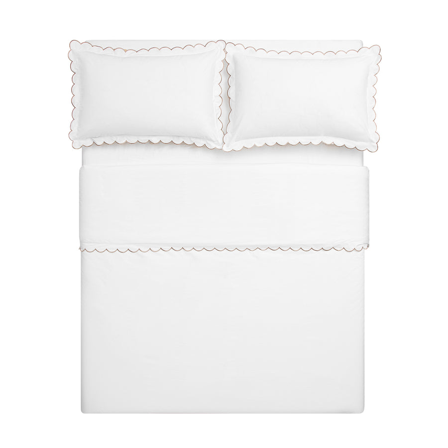 Margot Taupe Embroidered Scallop 300 Thread Count Cotton Percale Duvet Set