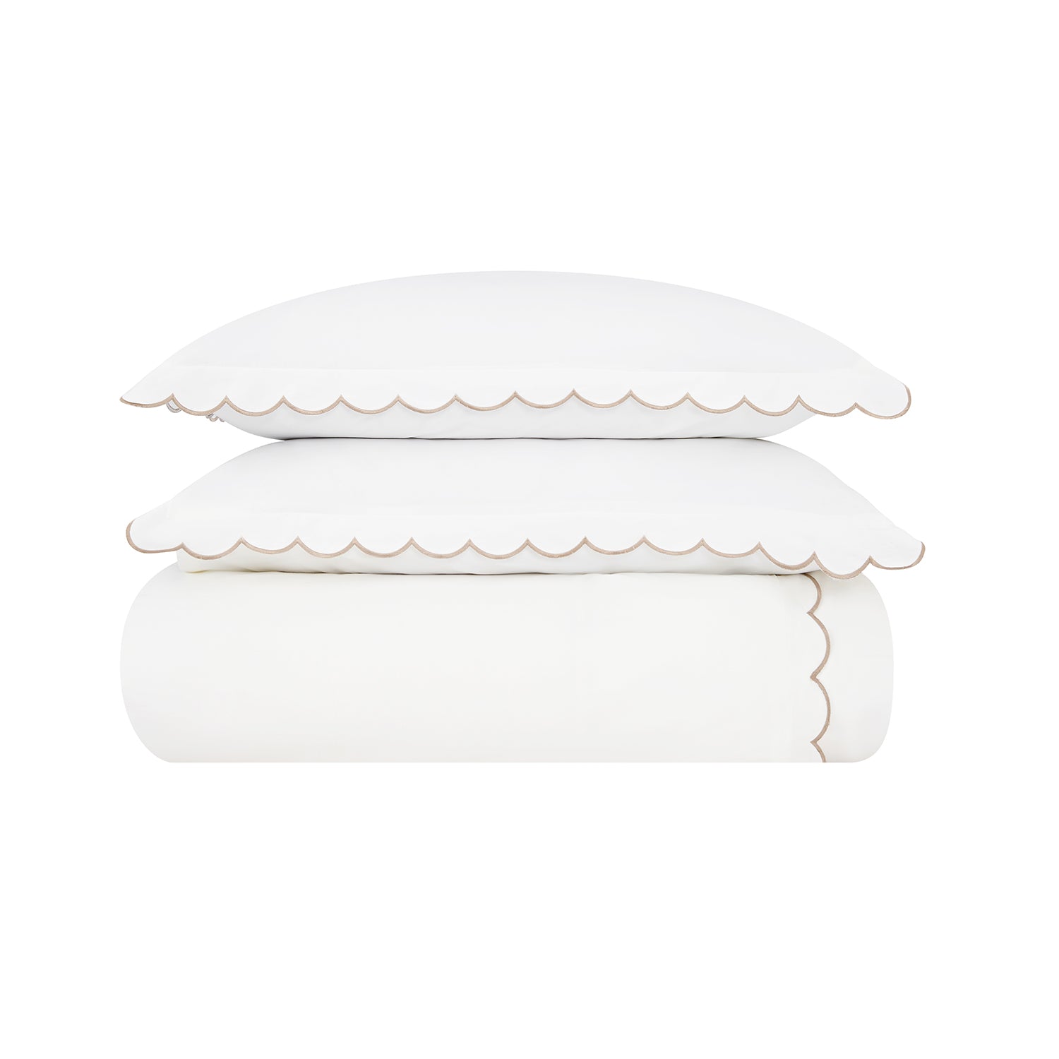 Margot Taupe Embroidered Scallop 300 Thread Count Cotton Percale Duvet Set