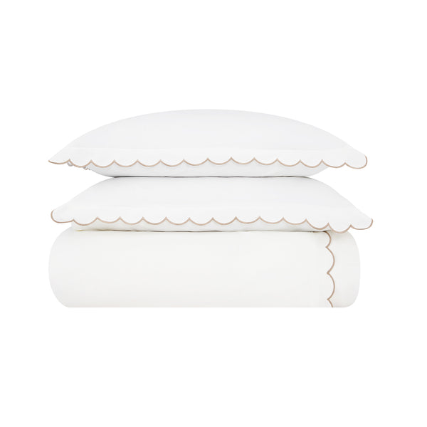 Margot Taupe Embroidered Scallop 300 Thread Count Cotton Percale Duvet Set