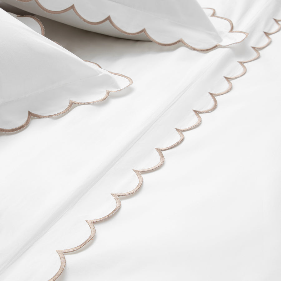 Margot Taupe Embroidered Scallop 300 Thread Count Cotton Percale Duvet Set