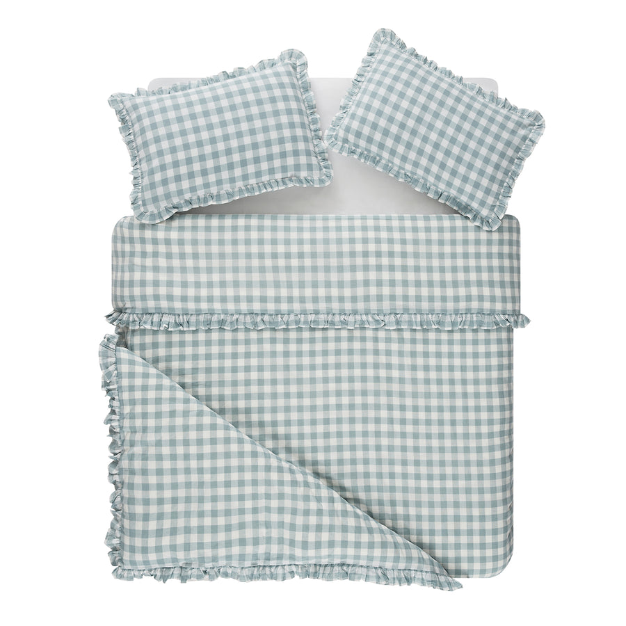 Matilda Blue Gingham Ruffle Linen Blend Duvet Set