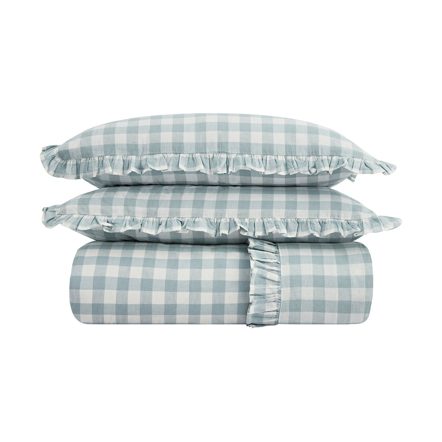 Matilda Blue Gingham Ruffle Linen Blend Duvet Set