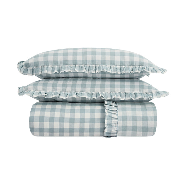 Matilda Blue Gingham Ruffle Linen Blend Duvet Set - daals