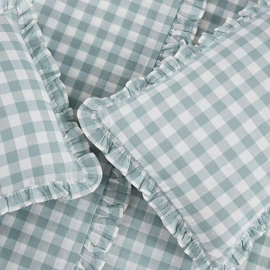 Matilda Blue Gingham Ruffle Linen Blend Duvet Set