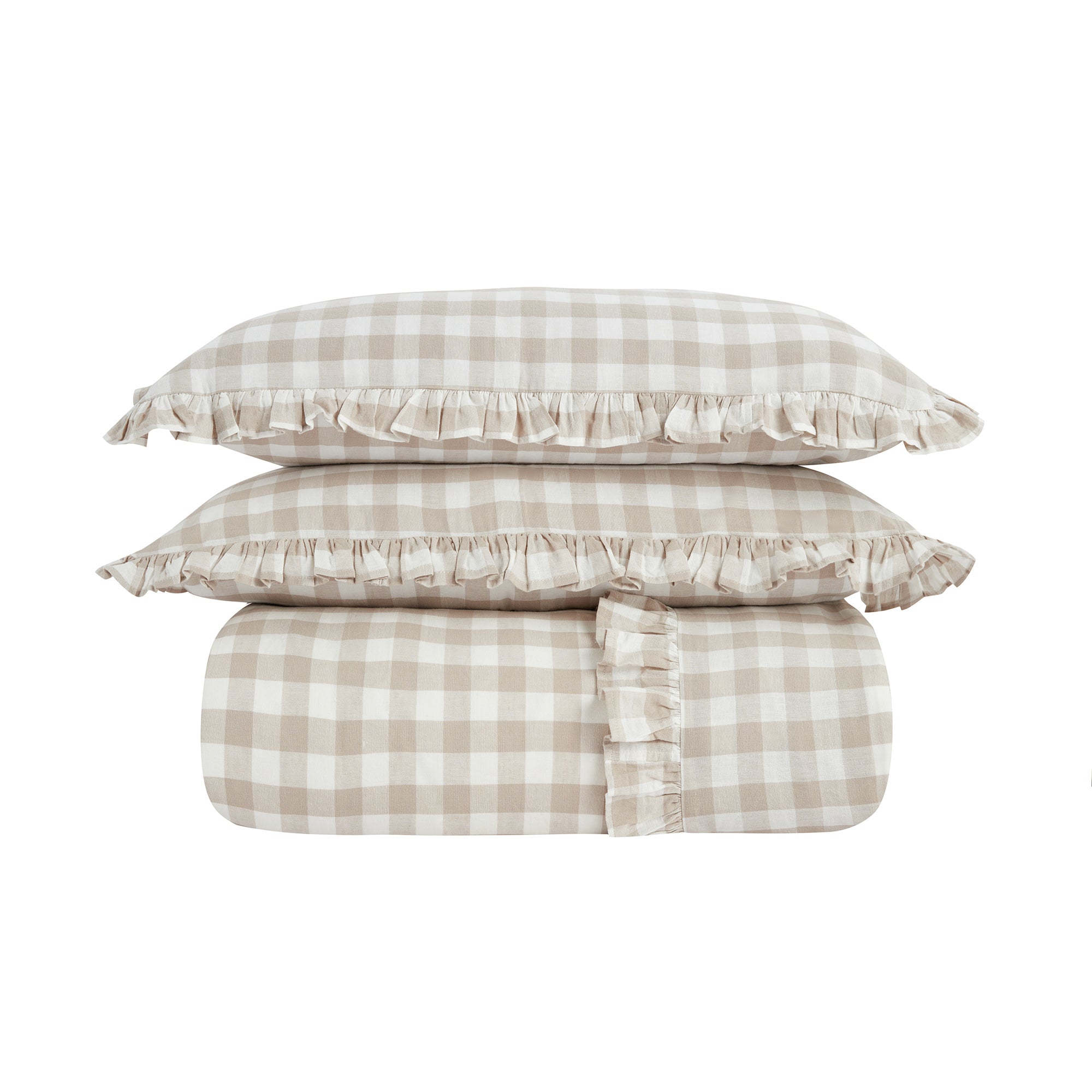 Matilda Beige Gingham Ruffle Linen Blend Duvet Set