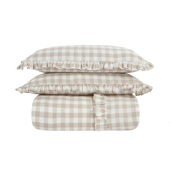 Matilda Beige Gingham Ruffle Linen Blend Duvet Set