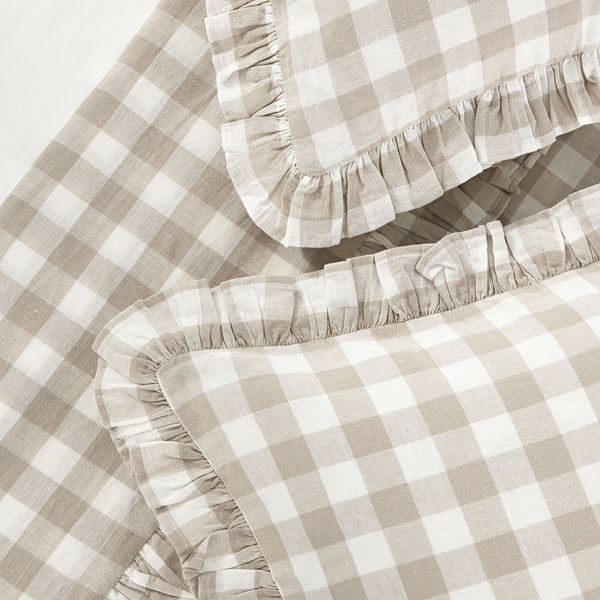 Matilda Beige Gingham Ruffle Linen Blend Duvet Set