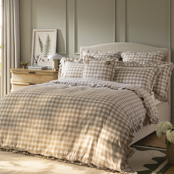 Matilda Beige Gingham Ruffle Linen Blend Duvet Set