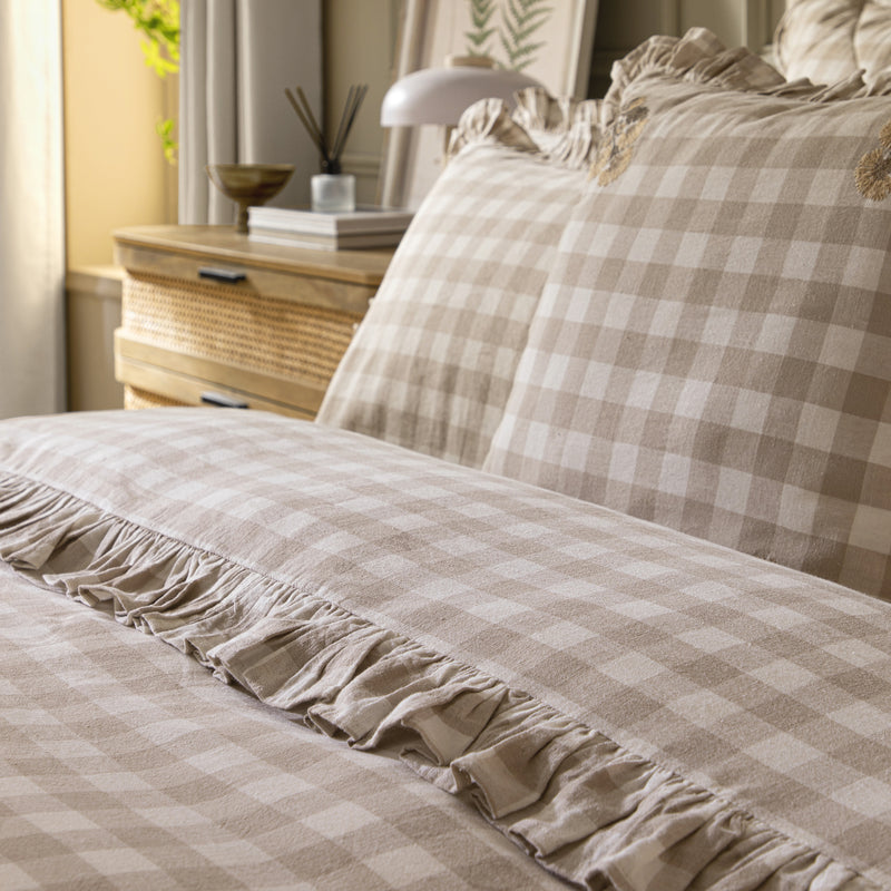 Matilda Beige Gingham Ruffle Linen Blend Duvet Set
