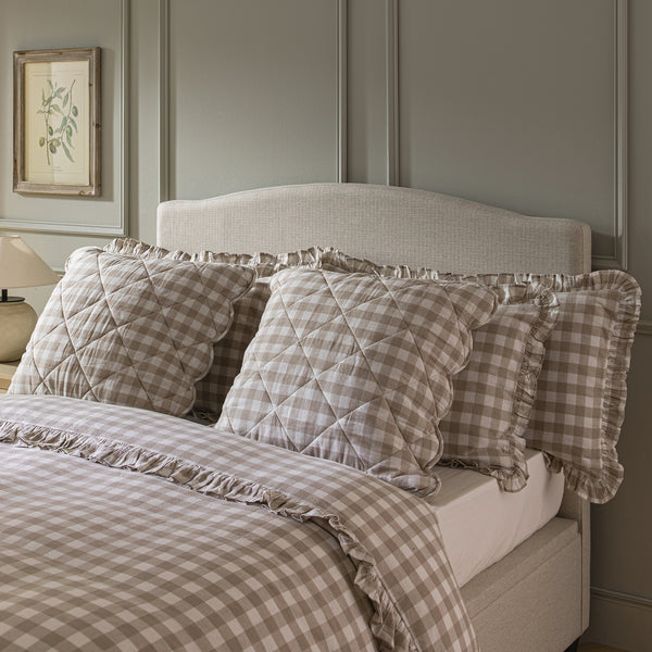 Matilda Beige Gingham Ruffle Linen Blend Duvet Set