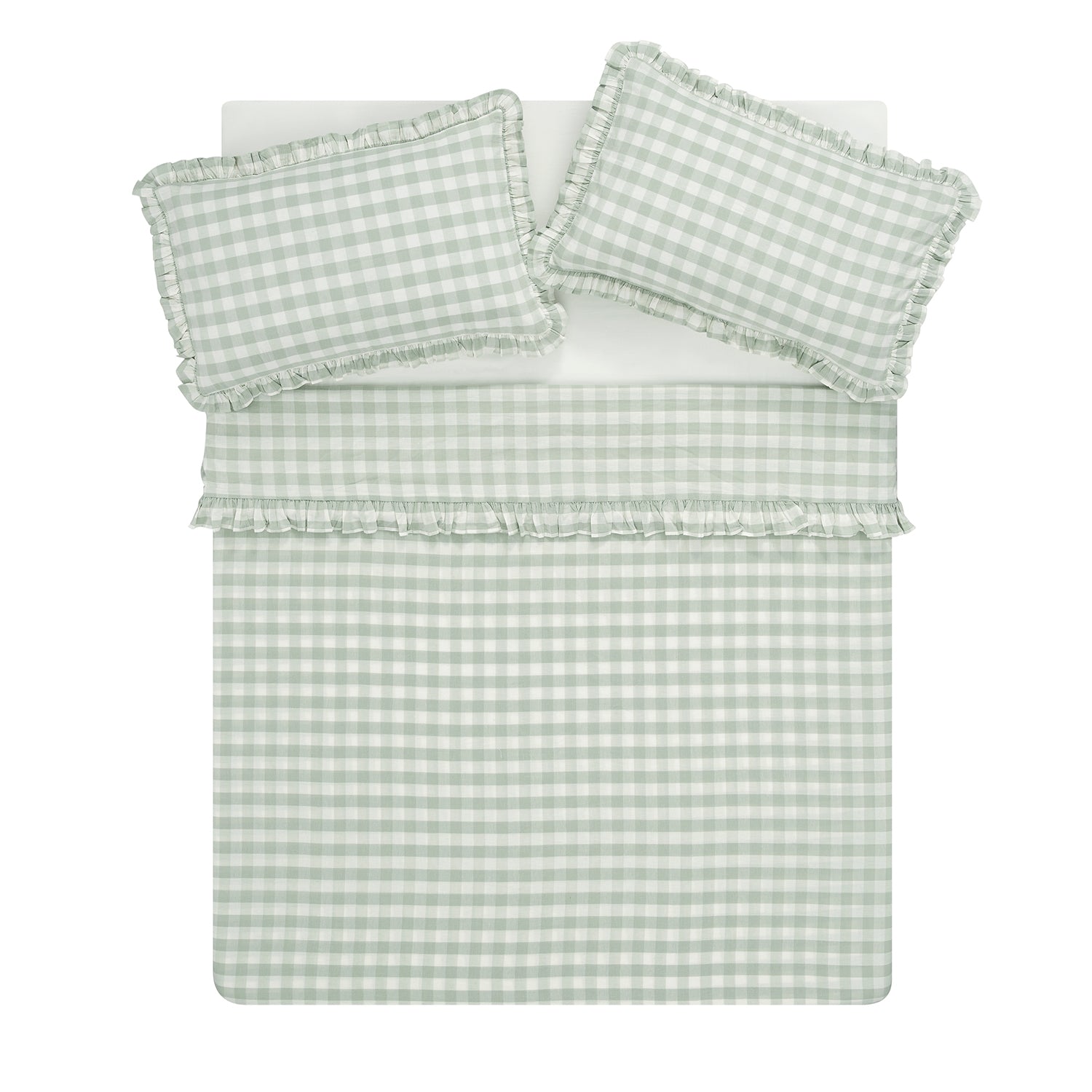Matilda Sage Green Gingham Ruffle Linen Blend Duvet Set | daals