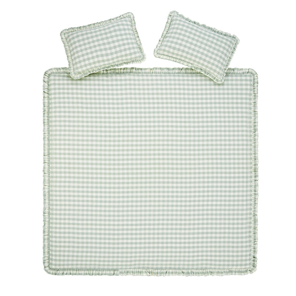 Matilda Sage Green Gingham Ruffle Linen Blend Duvet Set