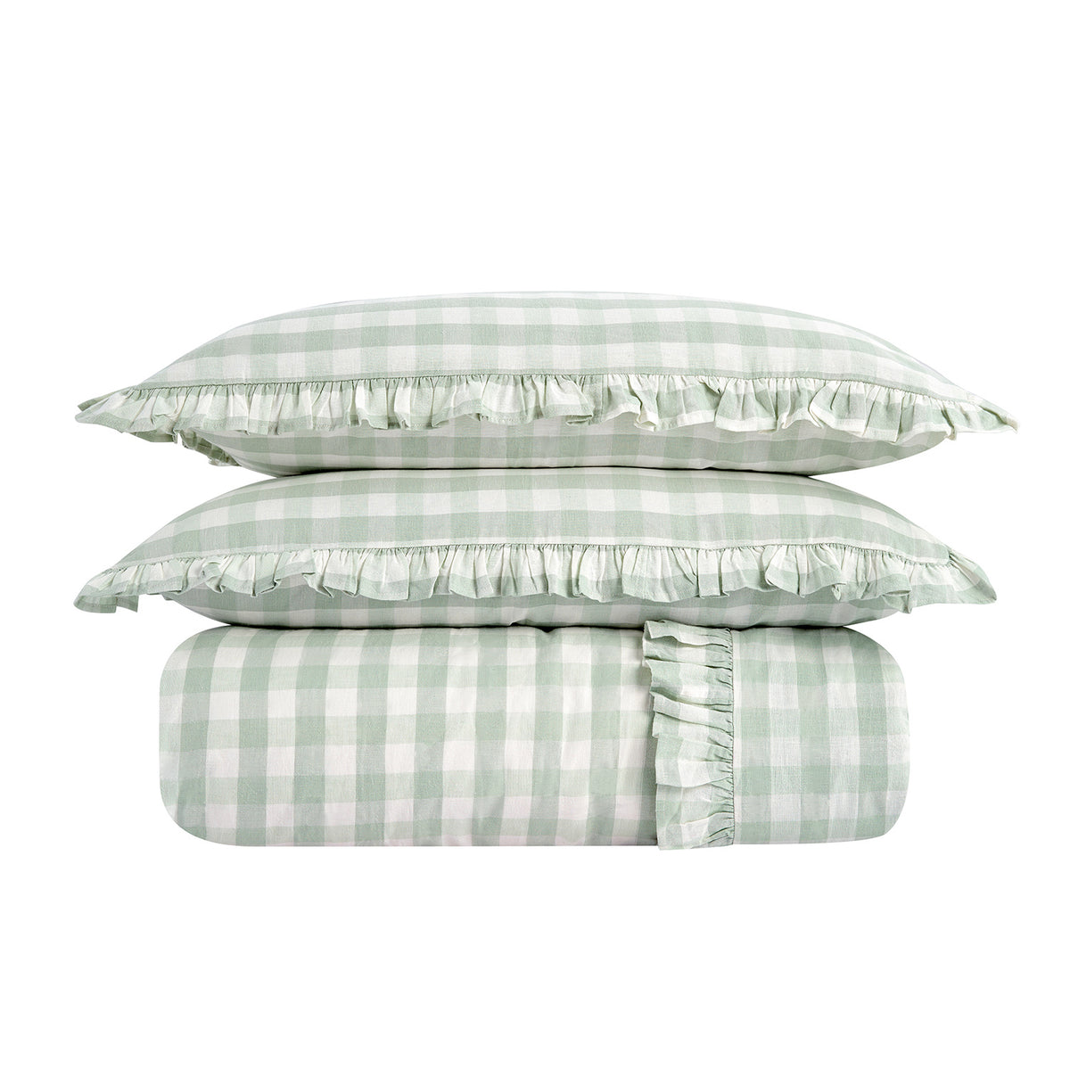 Matilda Sage Green Gingham Ruffle Linen Blend Duvet Set | daals