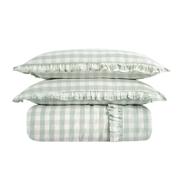 Matilda Sage Green Gingham Ruffle Linen Blend Duvet Set