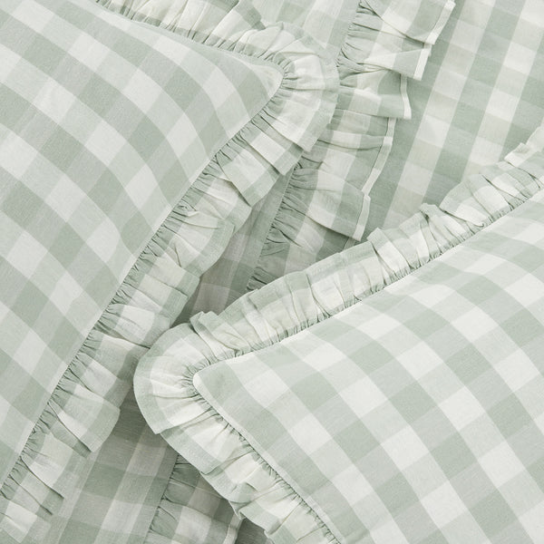 Matilda Sage Green Gingham Ruffle Linen Blend Duvet Set