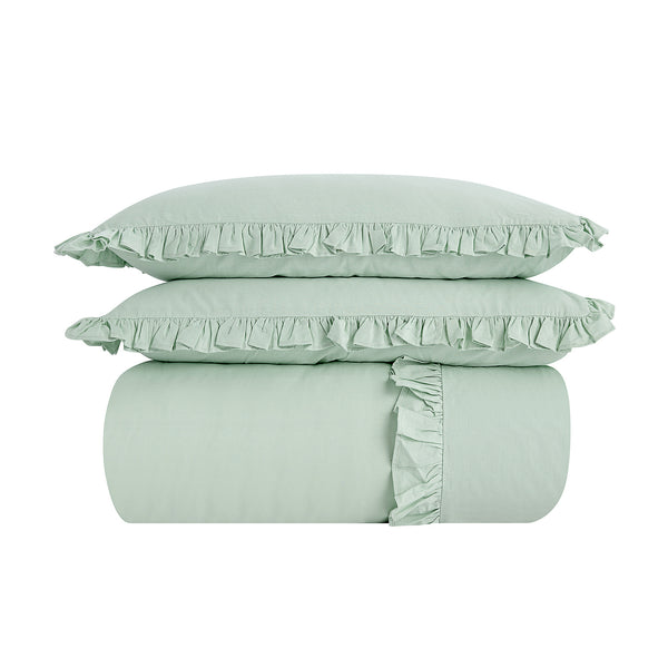 Matilda Seafoam Green Ruffle Linen Blend Duvet Set - daals