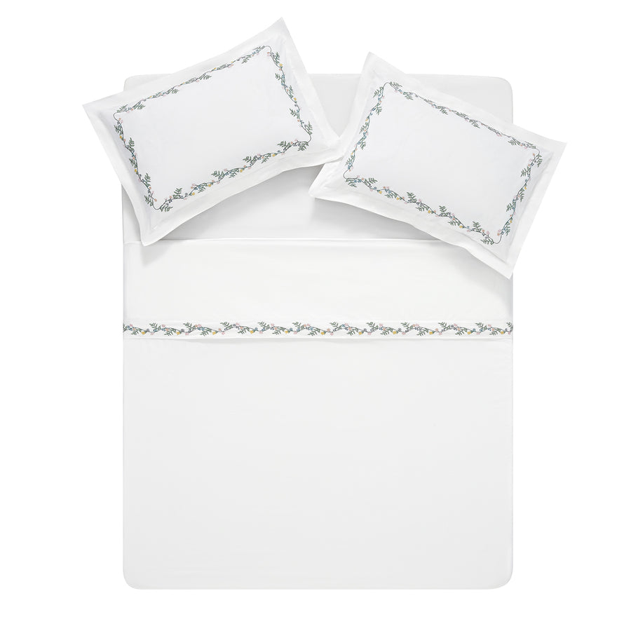 Meadow White Floral Embroidered 300 Thread Count Cotton Percale Duvet Set