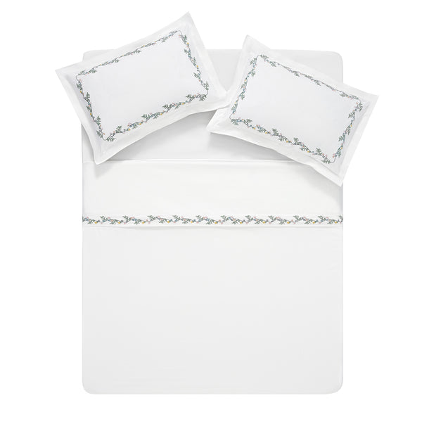 Meadow White Floral Embroidered 300 Thread Count Cotton Percale Duvet Set