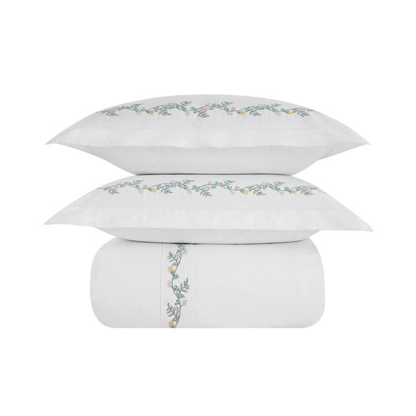 Meadow White Floral Embroidered 300 Thread Count Cotton Percale Duvet Set