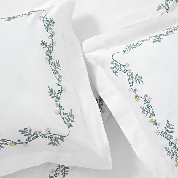 Meadow White Floral Embroidered 300 Thread Count Cotton Percale Duvet Set