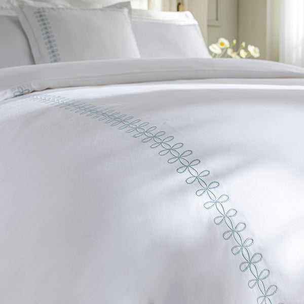 Milano Sea Spray Green Knot Embroidered 600 Thread Count Cotton Sateen Duvet Set