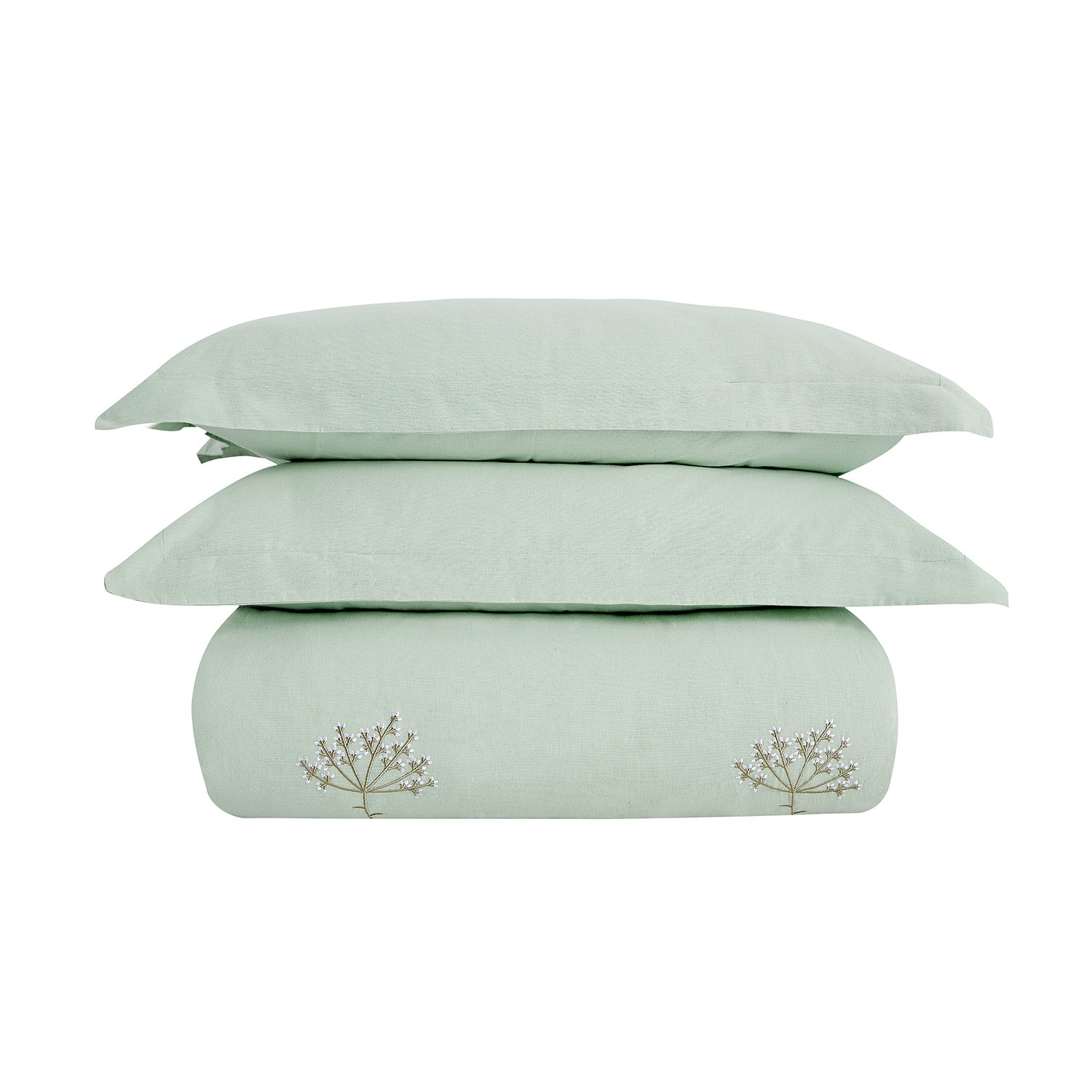 Meadow Seafoam Green Sprig Embroidered Linen Blend Duvet Set