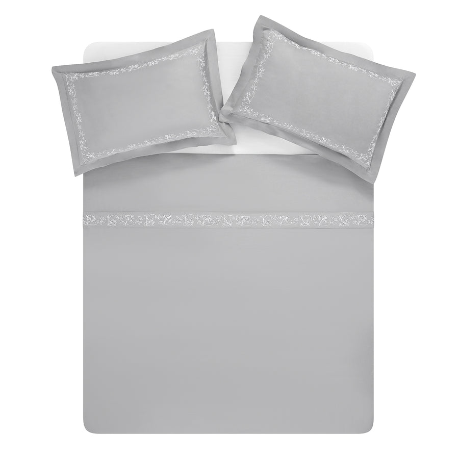 Valentina Grey Floral Embroidered 600 Thread Count Cotton Sateen Duvet Set