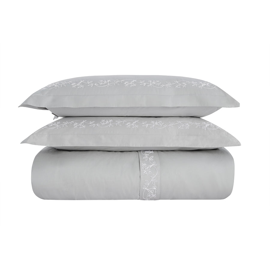Valentina Grey Floral Embroidered 600 Thread Count Cotton Sateen Duvet Set