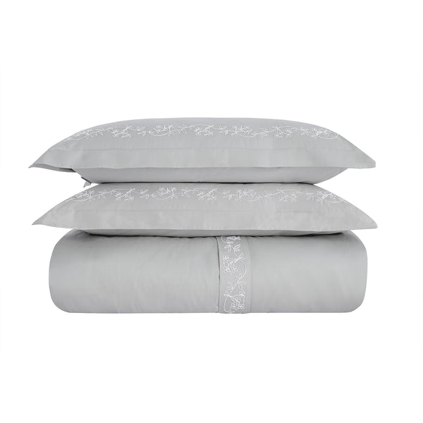 Valentina Grey Floral Embroidered 600 Thread Count Cotton Sateen Duvet Set - daals