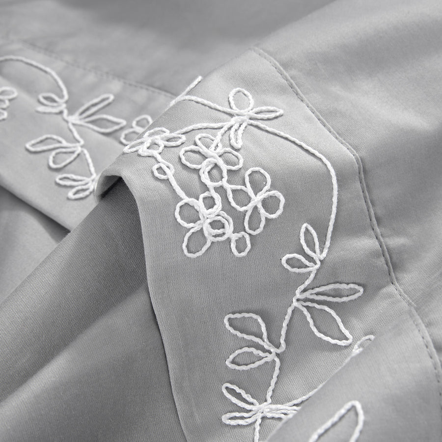 Valentina Grey Floral Embroidered 600 Thread Count Cotton Sateen Duvet Set