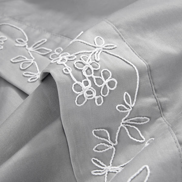 Valentina Grey Floral Embroidered 600 Thread Count Cotton Sateen Duvet Set - daals