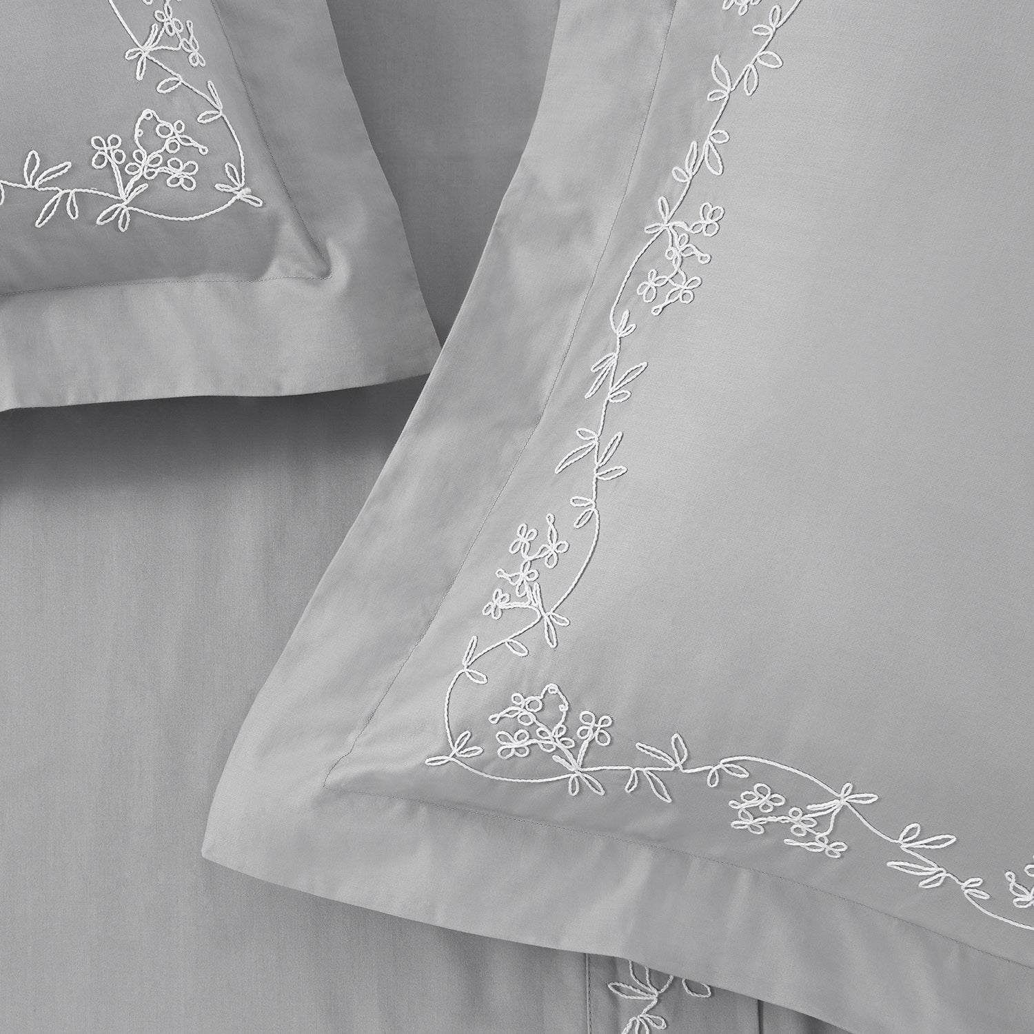Valentina Grey Floral Embroidered 600 Thread Count Cotton Sateen Duvet Set