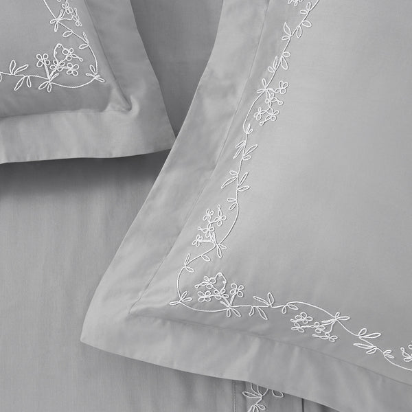 Valentina Grey Floral Embroidered 600 Thread Count Cotton Sateen Duvet Set - daals