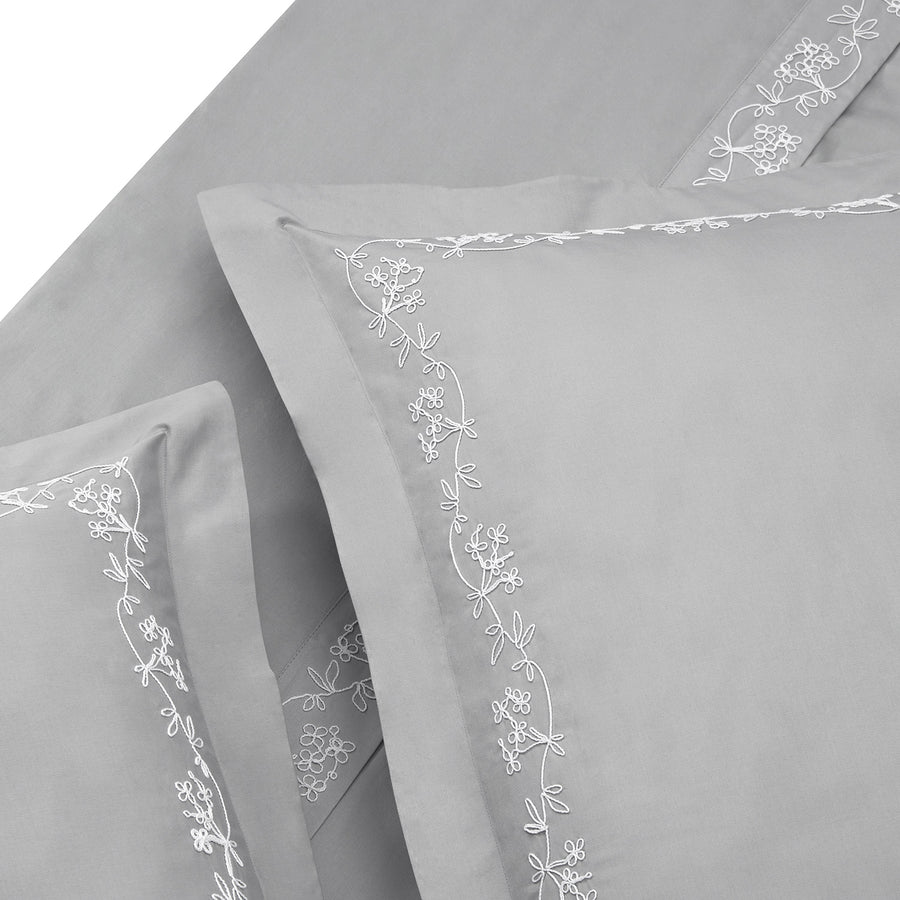 Valentina Grey Floral Embroidered 600 Thread Count Cotton Sateen Duvet Set