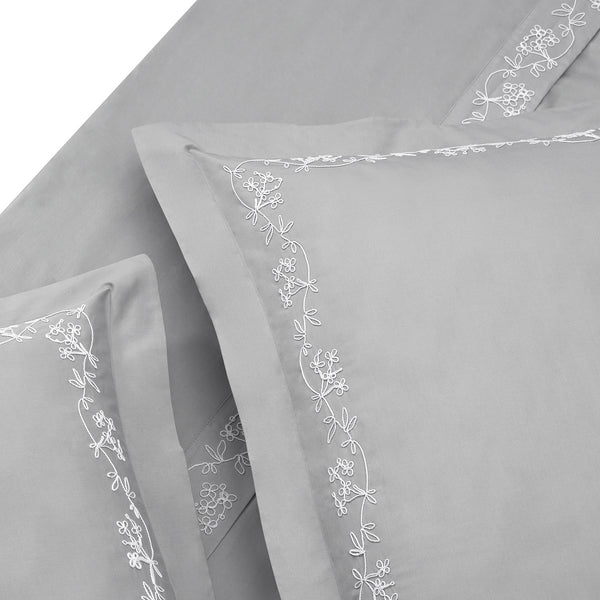 Valentina Grey Floral Embroidered 600 Thread Count Cotton Sateen Duvet Set - daals