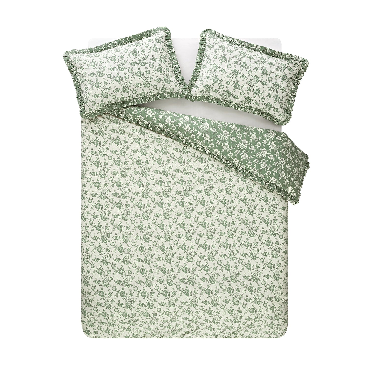 Willow Sage Green & Ivory Floral Ruffle Reversible 210TC Cotton Percale Duvet Set