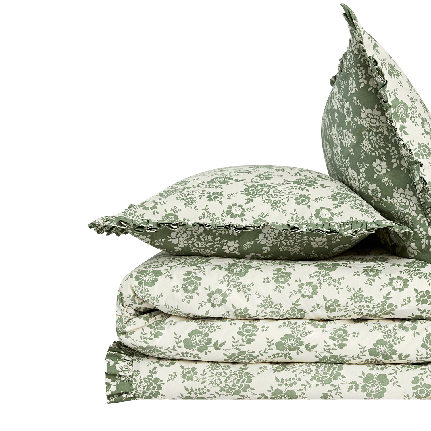 Willow Sage Green & Ivory Floral Ruffle Reversible 210TC Cotton Percale Duvet Set
