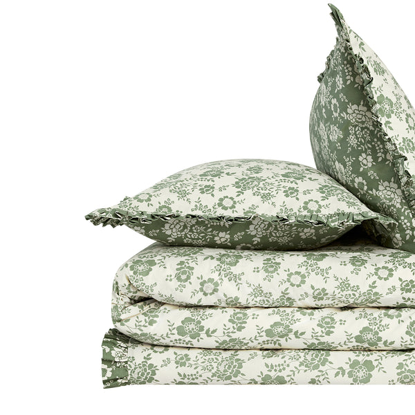 Willow Sage Green & Ivory Floral Ruffle Reversible 210TC Cotton Percale Duvet Set - daals