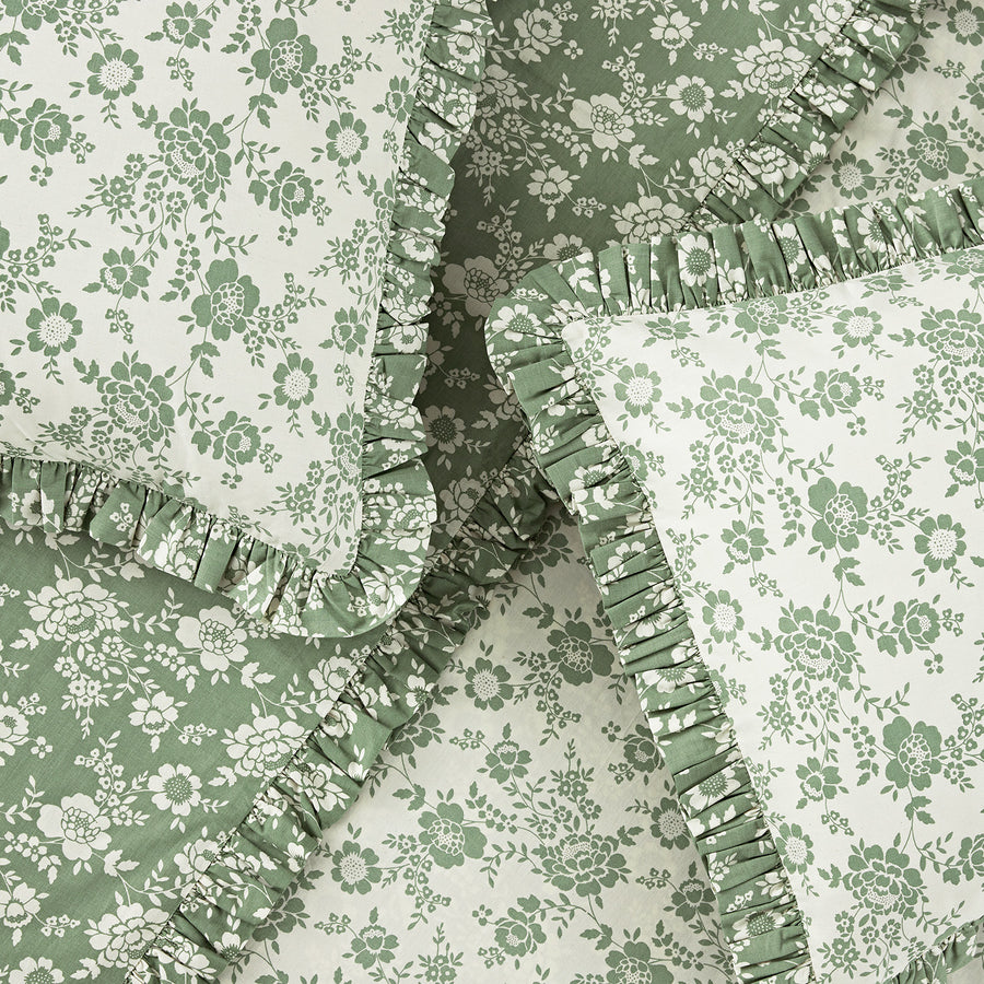 Willow Sage Green & Ivory Floral Ruffle Reversible 210TC Cotton Percale Duvet Set