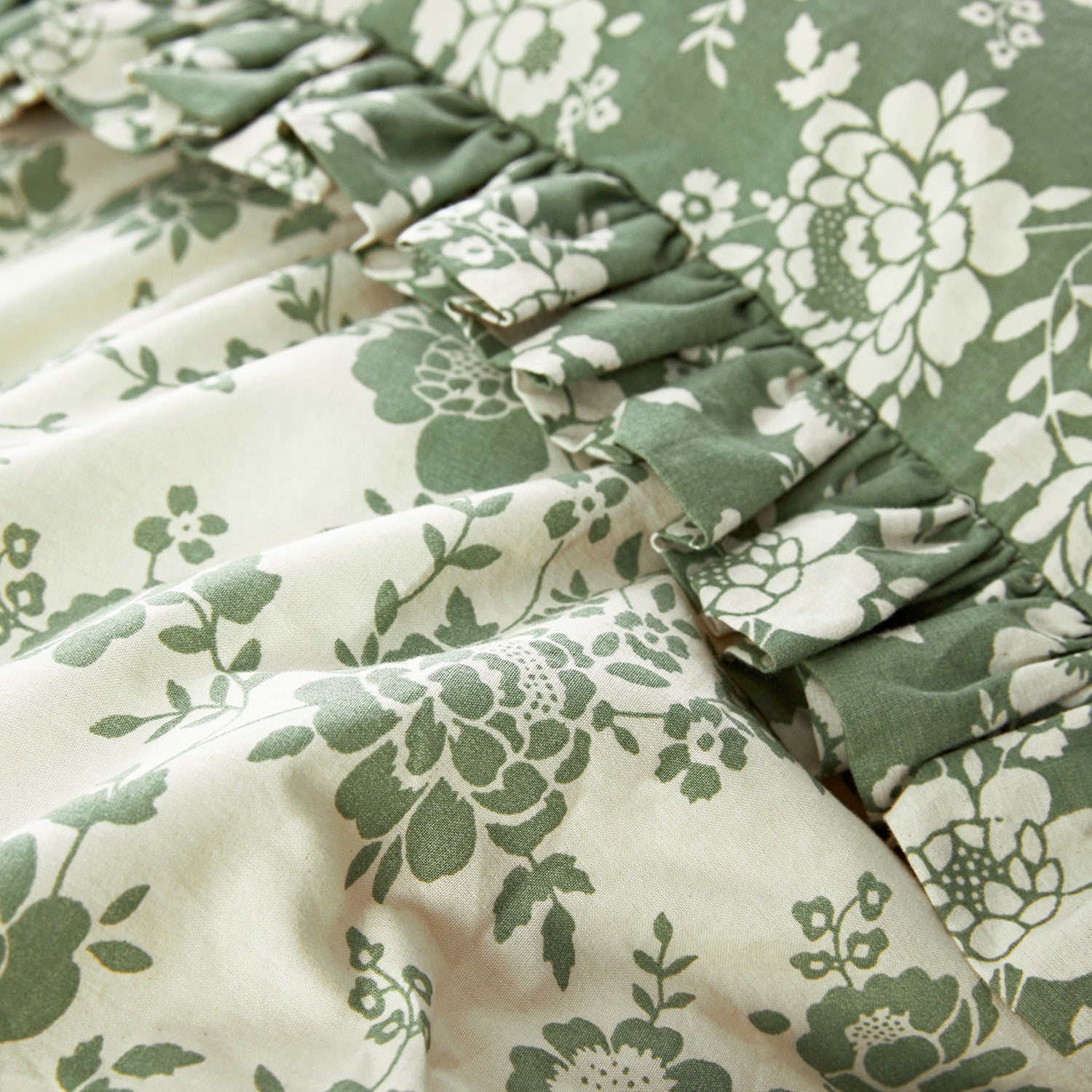 Willow Sage Green & Ivory Floral Ruffle Reversible 210TC Cotton Percale Duvet Set
