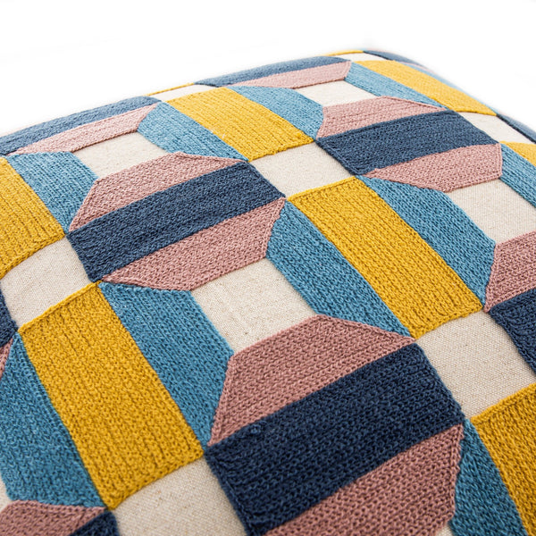 Knox Pink Blue & Yellow Crewelwork Wool Embroidered Cushion