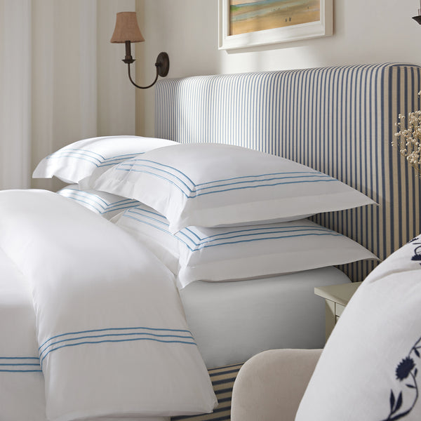 Belvedere Royal Blue Cord Embroidered 300 Thread Count Cotton Percale Oxford Pillowcases - Pair - daals