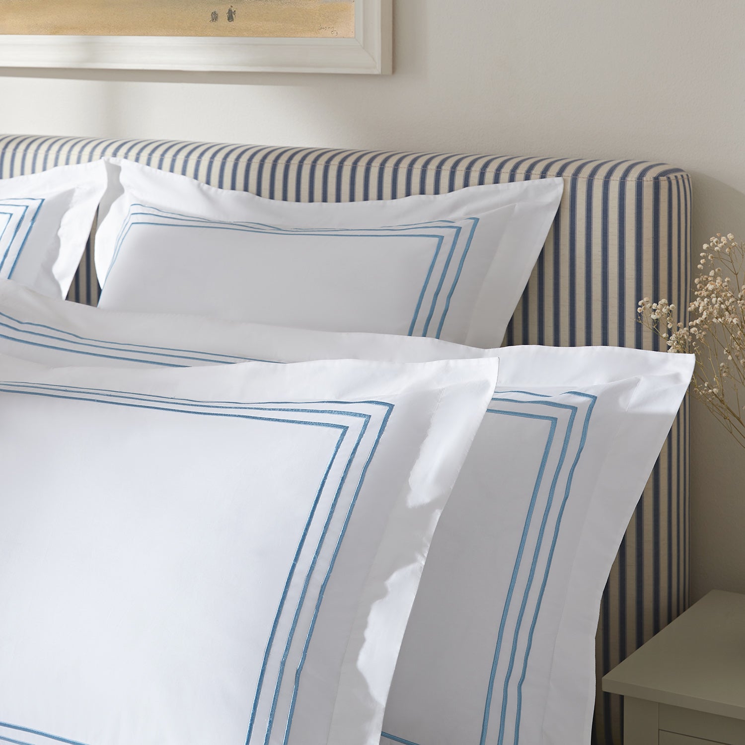 Belvedere Royal Blue Cord Embroidered 300 Thread Count Cotton Percale Oxford Pillowcases - Pair